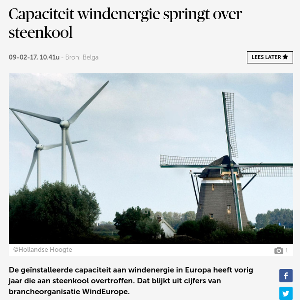 Wind energy overtakes coal - De Morgen , February 9, 2017