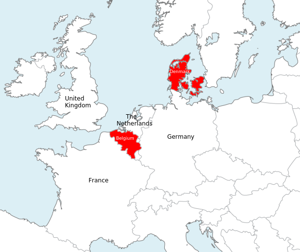 Belgium and Denmark colored in Europe map